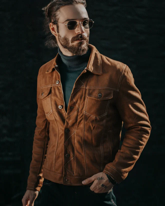 Elias Men's Tan Suede Trucker Jacket