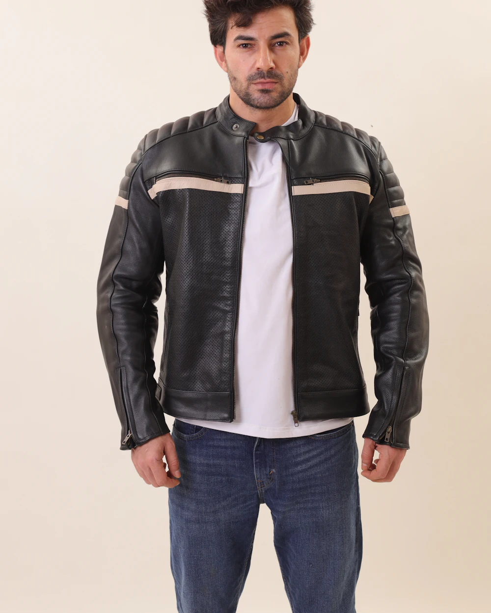 Vance Men's Striped Racer Leather Jacket